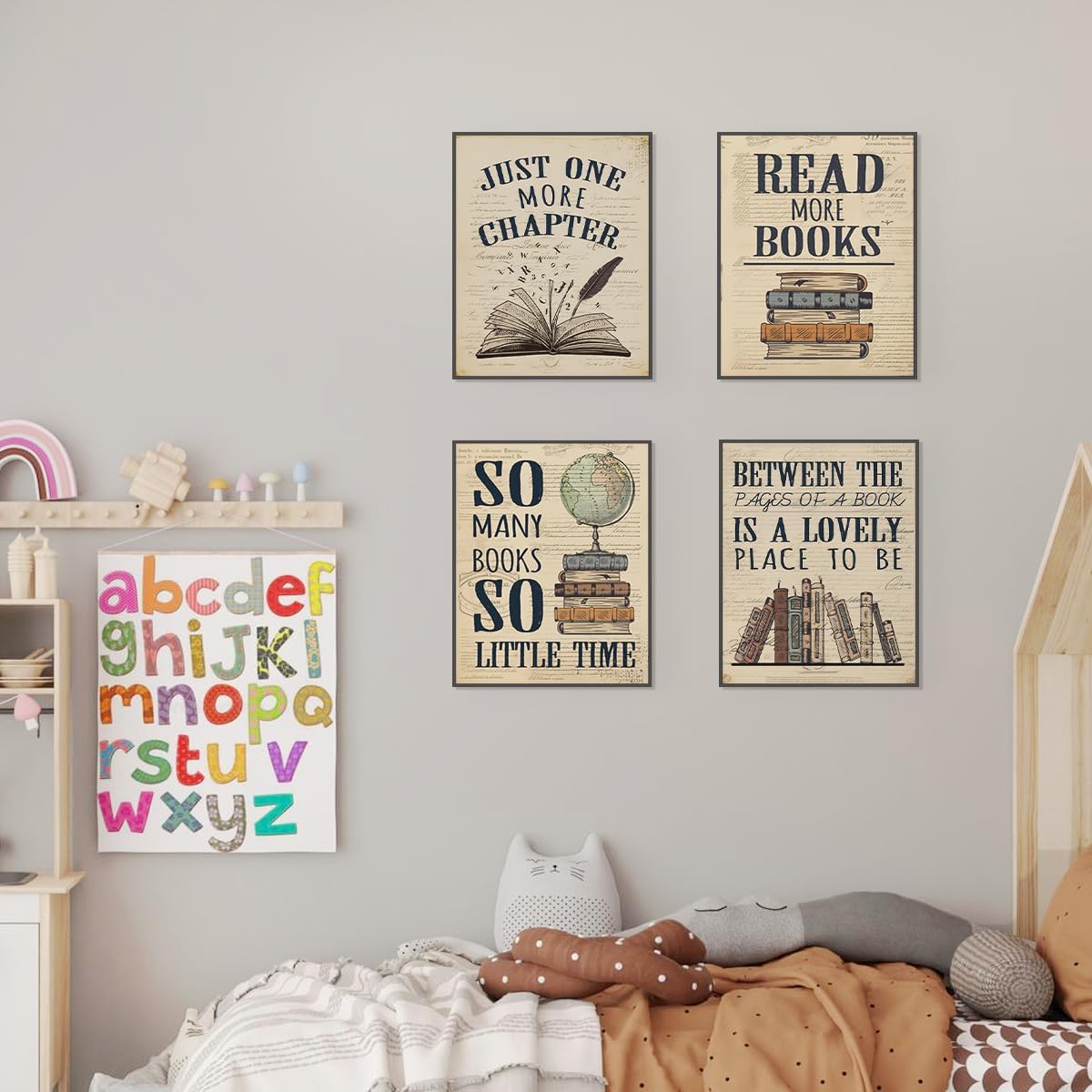 PLKMN Vintage Reading Posters for Library, Bookish Gifts, Book Club Decorations Party Decor, Vintage Book Wall Art 8x10, Wall Decor for Reading Nook High School Classroom, Set of 4 Unframed