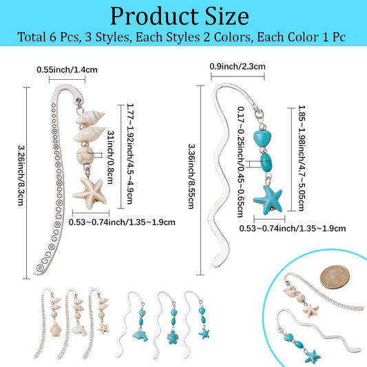 CRASPIRE 6Pcs Ocean Metal Bookmarks Starfish Dolphin Turtle Alloy Wave Shaped Vintage Summer Antique Silver Turquoise Beads Gemstone Beading Pendant Tassel for Book Lovers Teacher Student Birthday