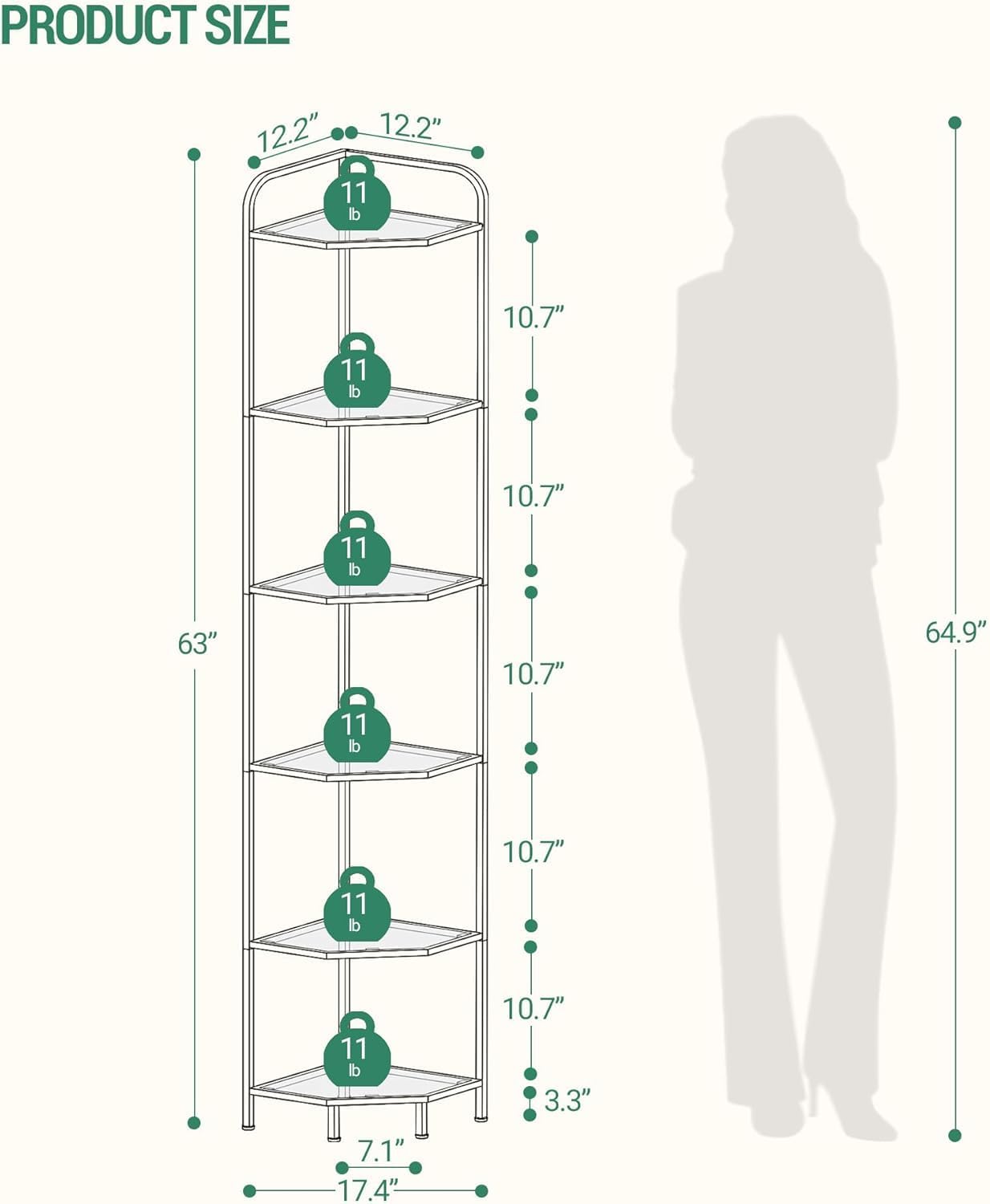 Corner Shelf Stand, 6-Tier Glass Bookshelf Bookcase, Bathroom Organizer, Plant Stand, Steel Frame, Tempered Glass, Modern Style for Living Room, Bathroom, Kitchen, Golden CS90600G