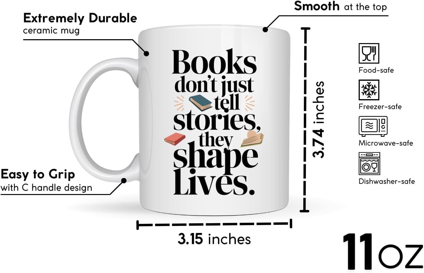 Book Lover Coffee Mug 11oz White - Books Tell - Gift for Bookworm Reader Reading Lover Bookish Women