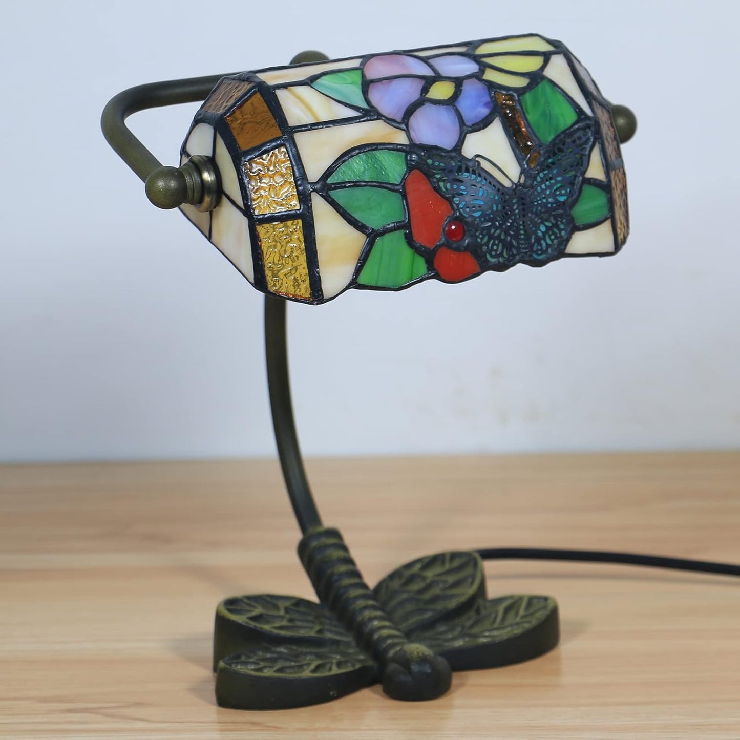 Mini Small Banker Lamp Tiffany Office Desk Lamp Stained Glass Table Lamp Luxury Memory Adjustable Accent Piano Reading Lamp for Living Room Bedroom Library Dragonfly Cast Iron Base,Butterfly