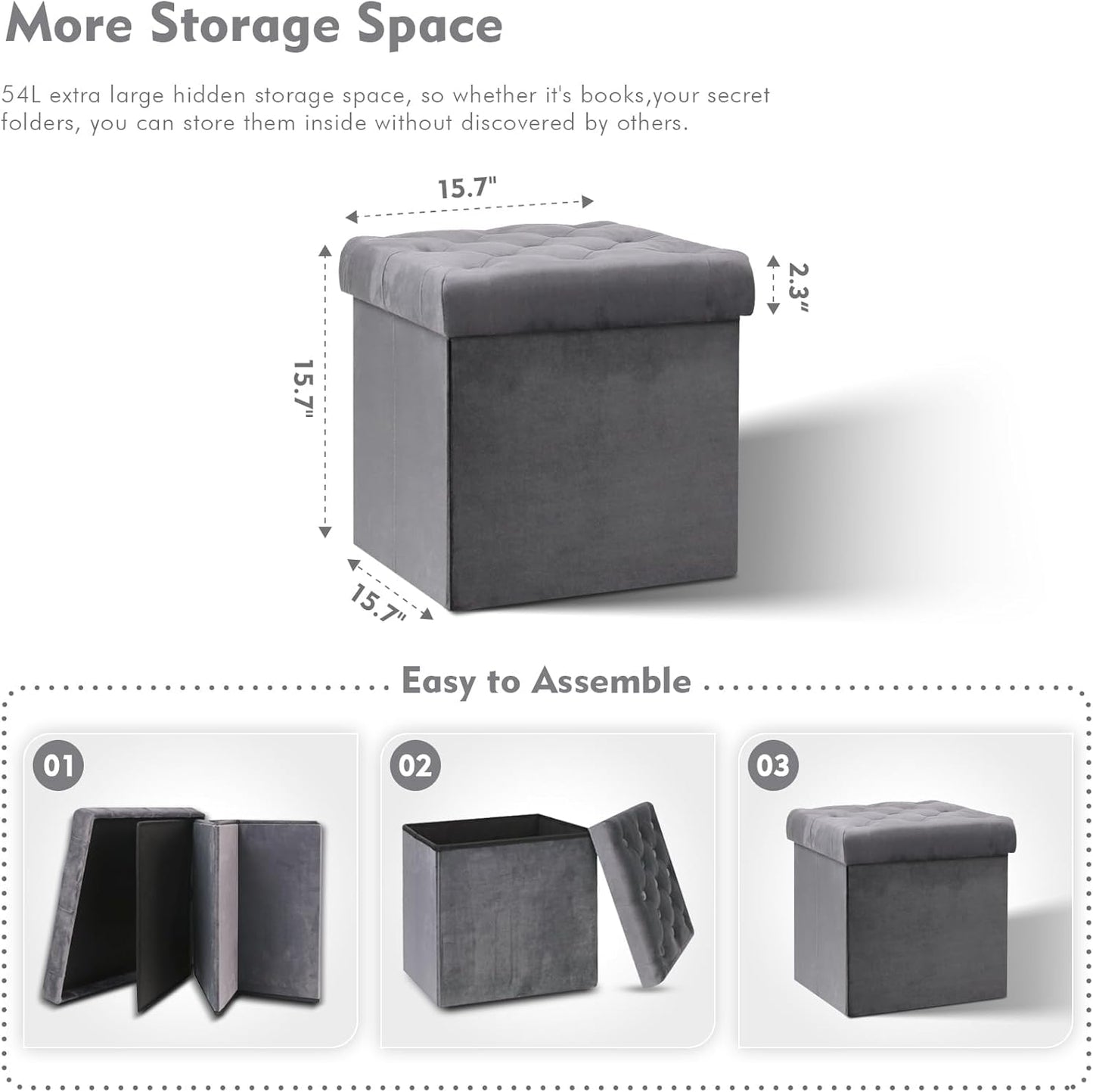 B FSOBEIIALEO Storage Ottoman Cube, Velvet Tufted Folding Ottomans with Lid, Footstool Rest Padded Seat for Bedroom (Grey, Medium)
