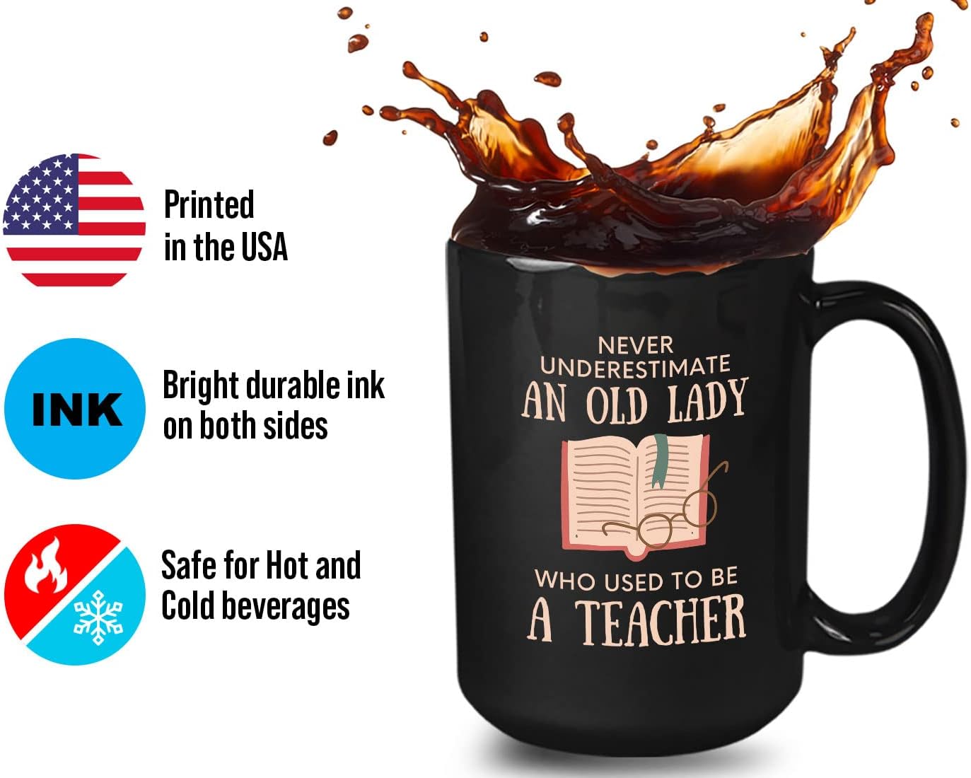 Bubble Hugs Book Lover Coffee Mug 15oz Black - Never Underestimate Old Lady - Reading Reader Grandma Retired Teacher Book Lover Bookish Novelist Librarian Writer