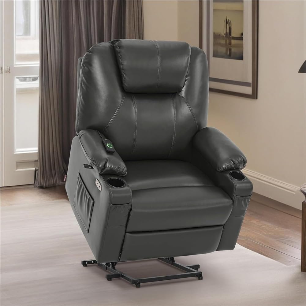 Power Lift Recliner Chair with Heat and Massage, Ergonomic Electric Recliner with Stand Assistance, Comfortable Leather Recliner Sofa for Elderly Adults, Living Room Seating