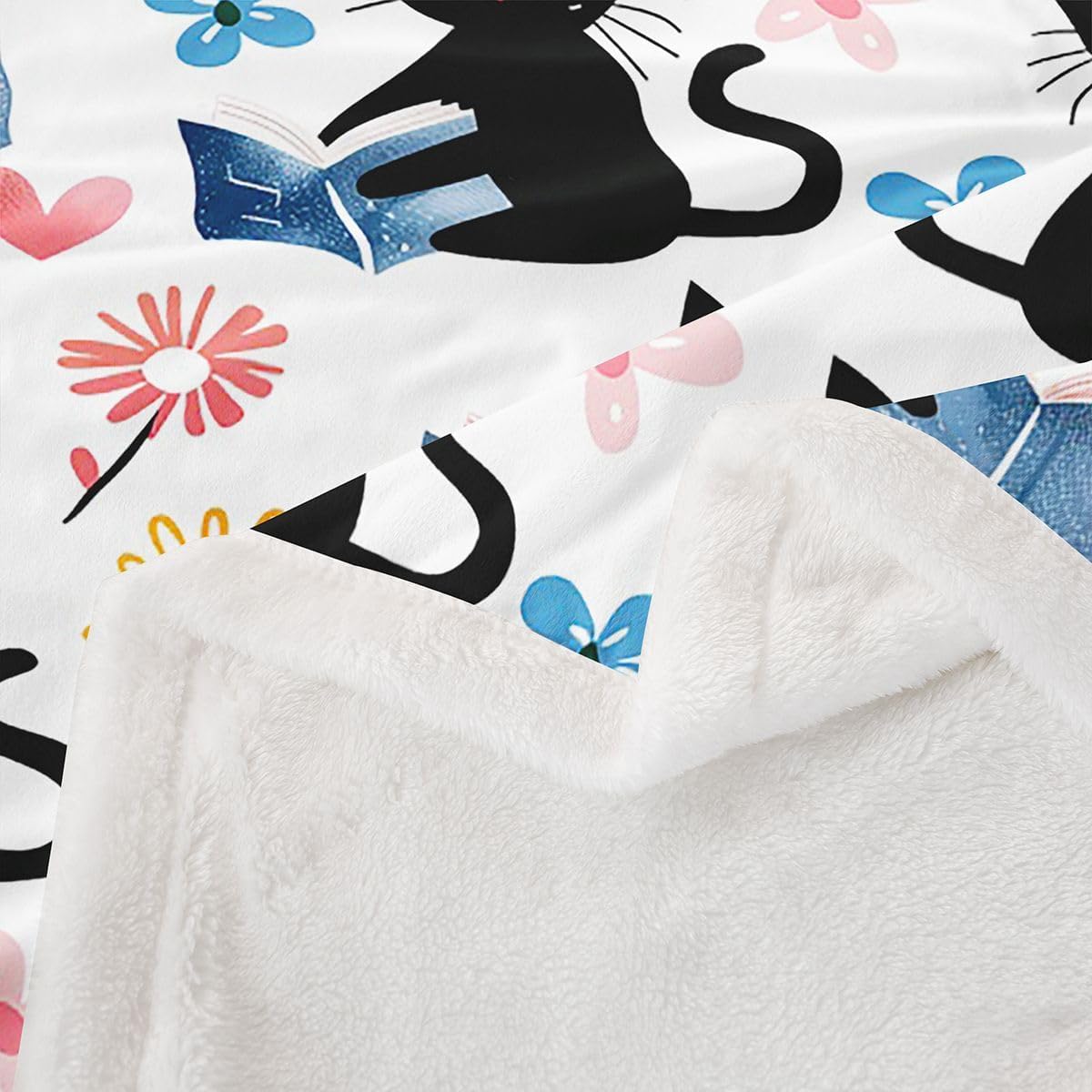 Erosebridal Kawaii Pet Cat Sherpa Blanket Black Kitten Cat Lovers Fuzzy Plush Throw Trendy Preppy Florals Fleece Blanket for Kids Adults Cute Animals Reading Aesthetic Decor for Bed Couch Twin Size