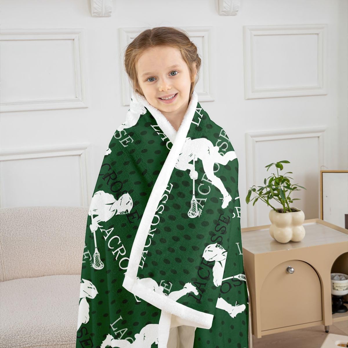 Feelyou Boys Lacrosse Sherpa Blanket Throw 50"x60" Lacrosse Player Pattern Fleece Throw Blanket for Kids Girls Sports Theme Green Decor Bedroom