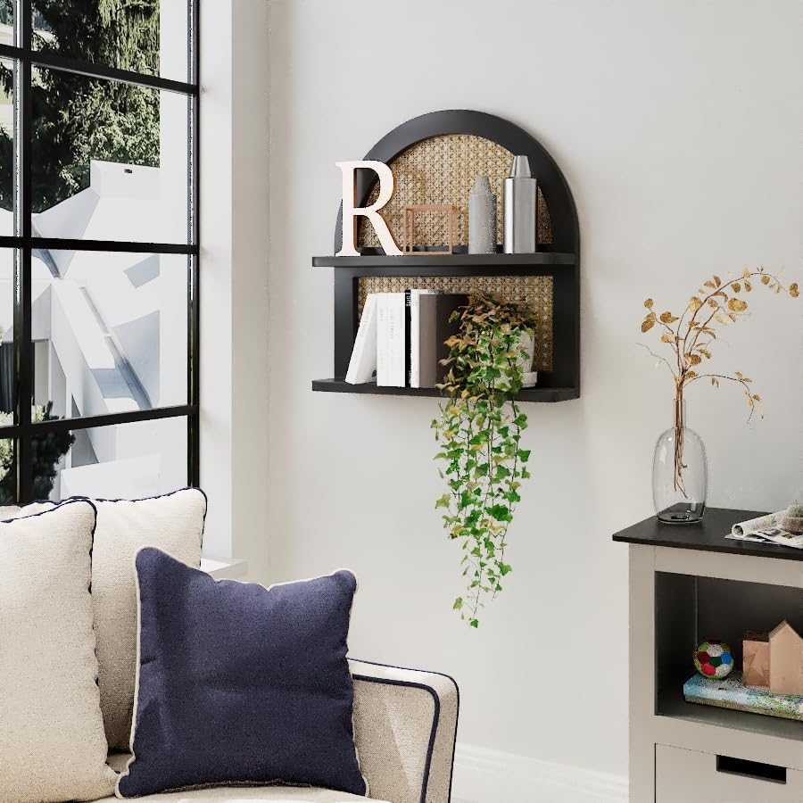 Wood Boho Rattan Wall Shelf - 2-Tier Arched Wicker Floating Shelf Black Wood New Boho Shelf, Rustic Farmhouse Nursery Decor Shelves Wall Mounted, Neutral Handcrafted (16''l Natural Rattan Shelf)