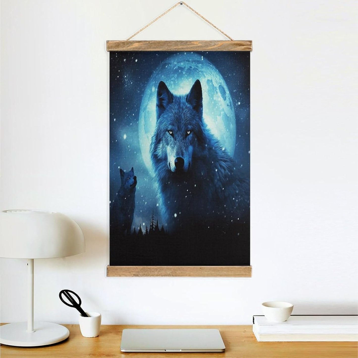 Vintage Wolfs Poster with Wooden Frame Personalized Linen Hanging Scroll Painting Rustic Wall Hanging Illustrative Modern Artwork Decor for Home Living Room Bedroom Office