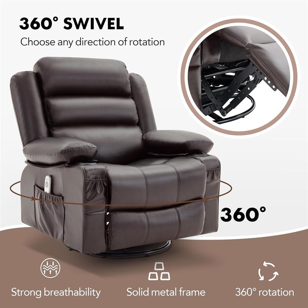 360° Swivel Rocker Recliner Chair for Adults, Oversized Ergonomic Power Reclining Sofa with 2 Cup Holders & USB Ports, Leather Lounge Chair for Home Theater, Brown