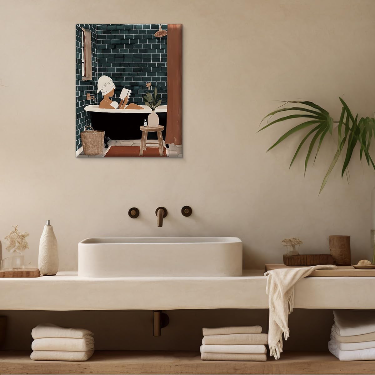 Modern Bathroom Wall Art Print Woman Reading in Bathtub Poster Artwork Wall Decor for Spa Bathroom Washroom 8x10 Canvas Framed
