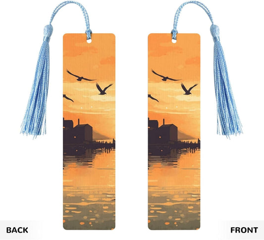 Lake View Illustration Bookmarks Gifts for Women Men, Wooden Bookmarks for Book Lovers, Vintage Book Marks Ornaments with Tassel, Unique Personalized Reading Page Markers Sky Blue