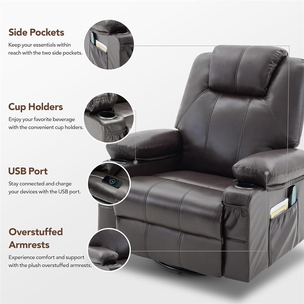 Power Swivel Rocker Recliner Chair with Heat and Massage, Electric Leather Single Sofa with 2 Cup Holders and USB Ports, Swivel Reclining Seating for Living Room