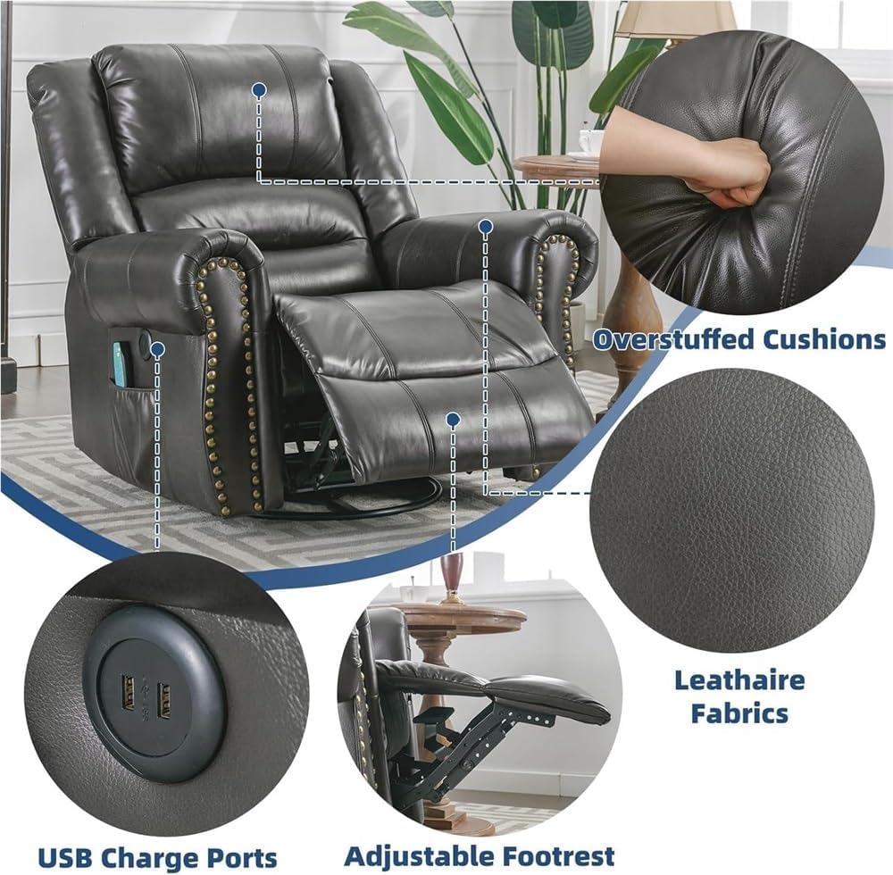 Swivel Glider Rocker Recliner with Heat & Vibration Massage, Modern Manual Rocking Reclining Armchair with USB Port & Side Pockets – Comfortable Recliner for Living Room