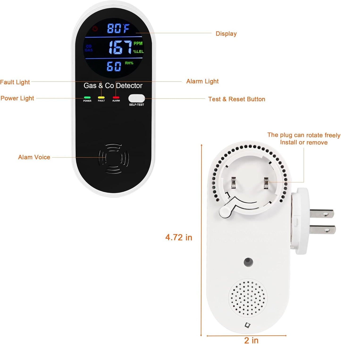 2 Packs Combination Natural-Gas and Carbon-Monoxide-Detector,Koabbit 4-in-1 CO/LPG/LNG Explosive Gas Detector Alarm with Temperature(°F) & Humidity for Home,RV,Hotel,Apartment