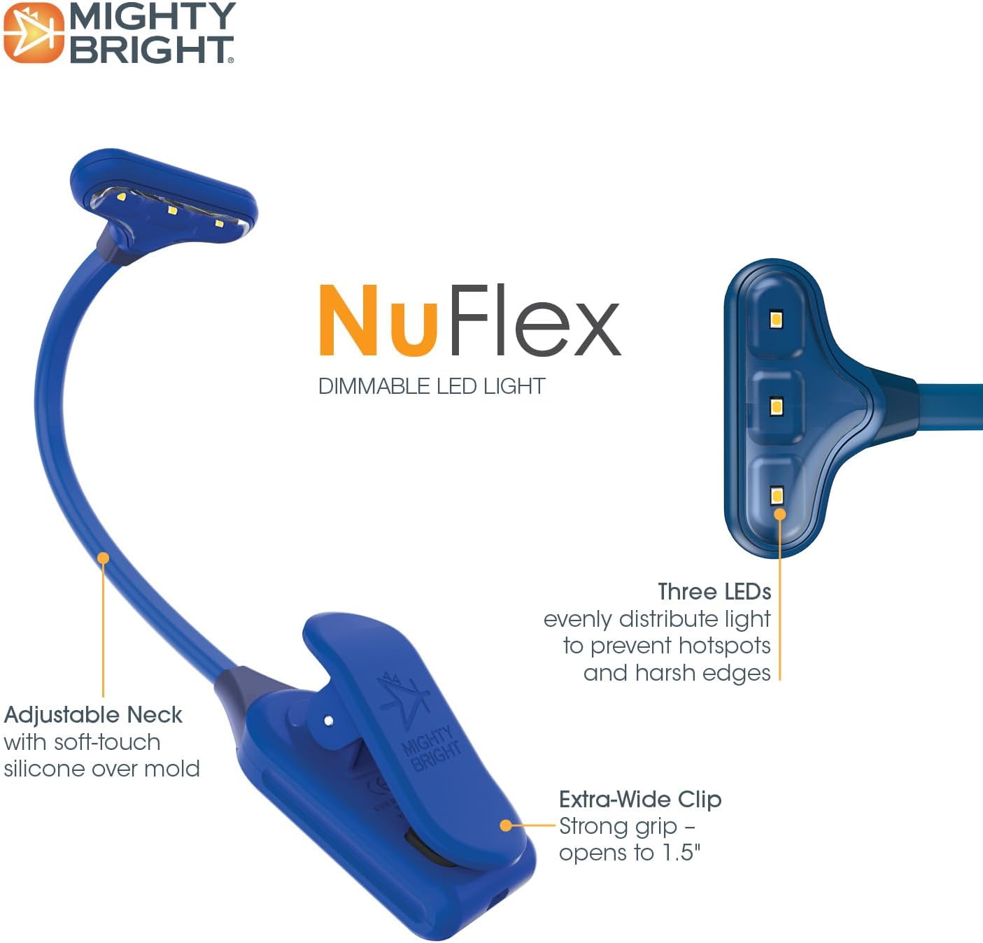 Mighty Bright The Original NuFlex Book Light, Battery-Powered, Warm Eye Care LEDs, Flexible, Durable, Dimmable, Clip-On Reading Light, Read in Bed, Use Batteries or Micro USB (Midnight Blue)