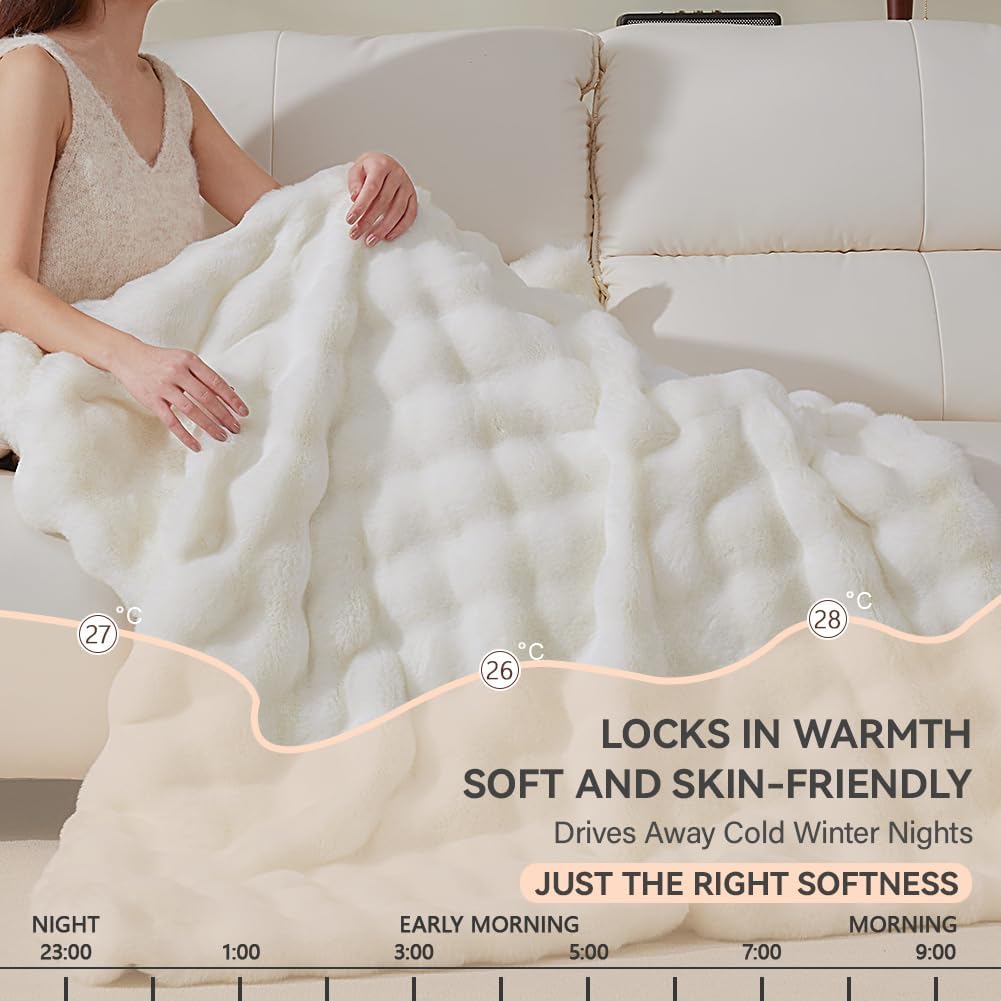 Soft Faux Rabbit Fur Throw Blanket Luxury Super Comfy Double Sided Ultra Cozy Thick Warm Fluffy Blanket for Couch Chair Sofa Bed Living Room Camping, Plush Fuzzy Bubble Blanket, 970 GSM, 50''x60''