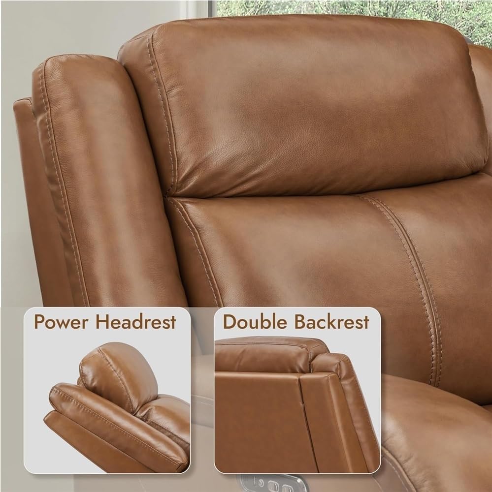 Power Recliner Chair with Electric Headrest & USB Ports – Modern Brown Leather Lounge Chair for Adults, Breathable Reclining Armchair with Adjustable Comfort