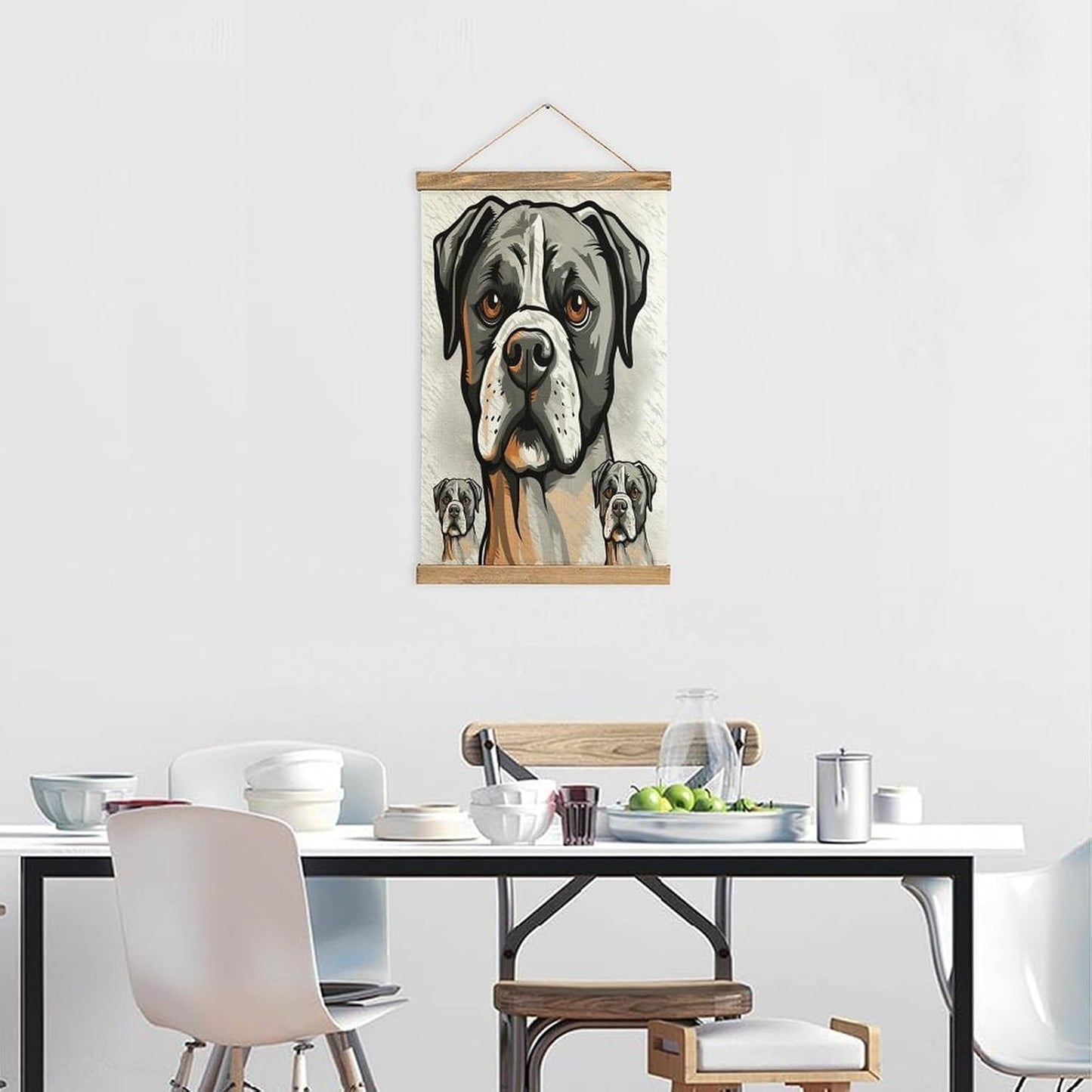 Vintage American Bulldog Head Poster with Wooden Frame Personalized Linen Hanging Scroll Painting Rustic Wall Hanging Illustrative Modern Artwork Decor for Home Living Room Bedroom Office