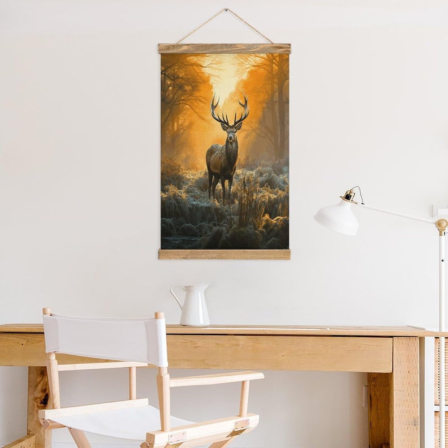 Vintage Deer in Forest Poster with Wooden Frame Personalized Linen Hanging Scroll Painting Rustic Wall Hanging Illustrative Modern Artwork Decor for Home Living Room Bedroom Office
