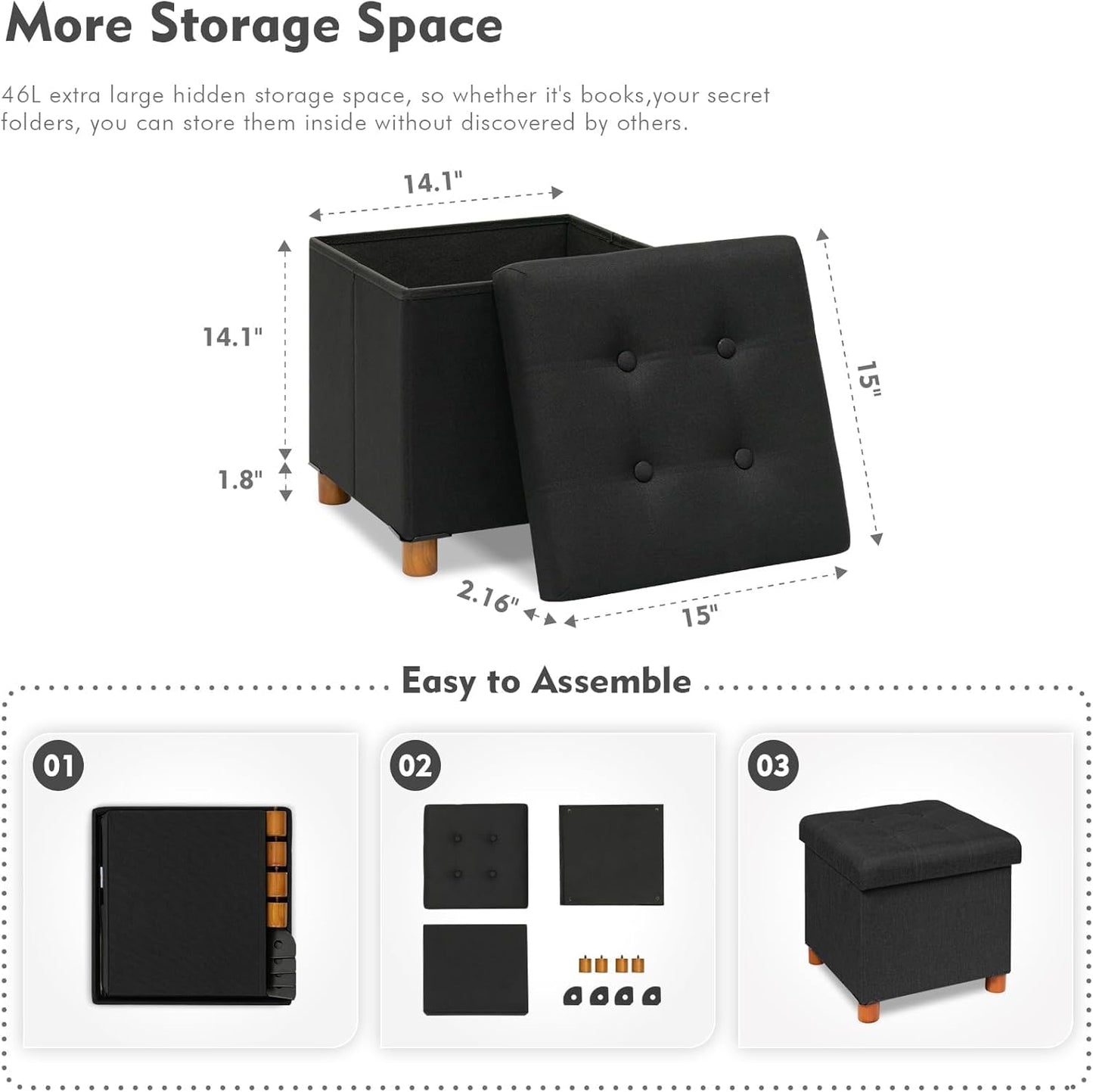 B FSOBEIIALEO Storage Ottoman with Tray, Foot Stools and Ottomans with Legs, Storage Cube Seat Linen Black 15"