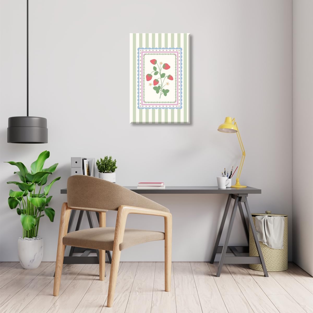 Cute Strawberry Wall Art Vintage Botanical Canvas Poster Farmhouse Soft Pastel Colors Striped Strawberry Print for Kitchen Dining Room Nursery Cottagecore Aesthetic Home Decor 12x18inch Unframed
