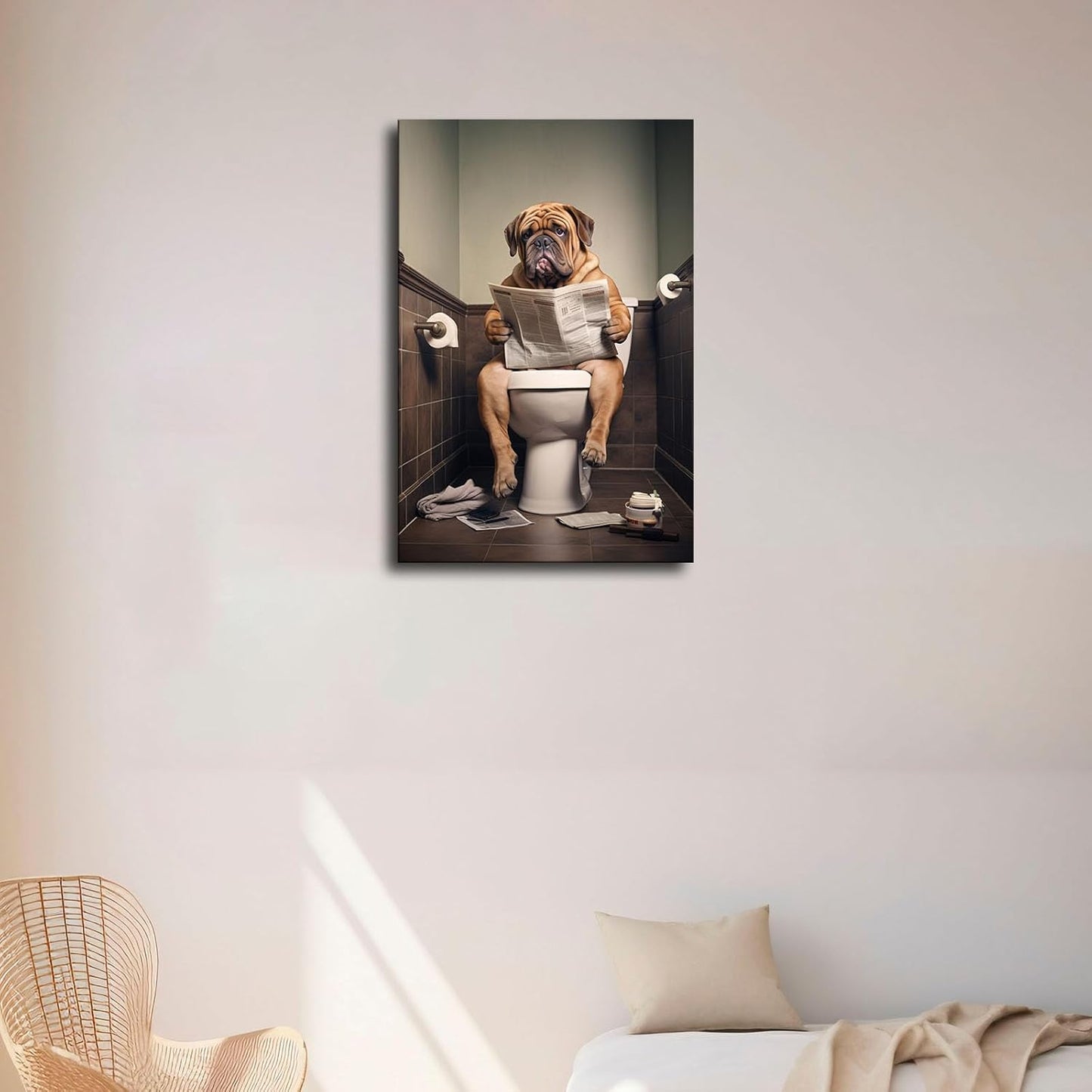 Generic Wall Art Funny Dog Bathroom Wall Art Dog Reading the Newspaper on Toilet Canvas Poster Living Room Wall Art Bedroom Wall Decor Printins (8x12inch-Framed), white