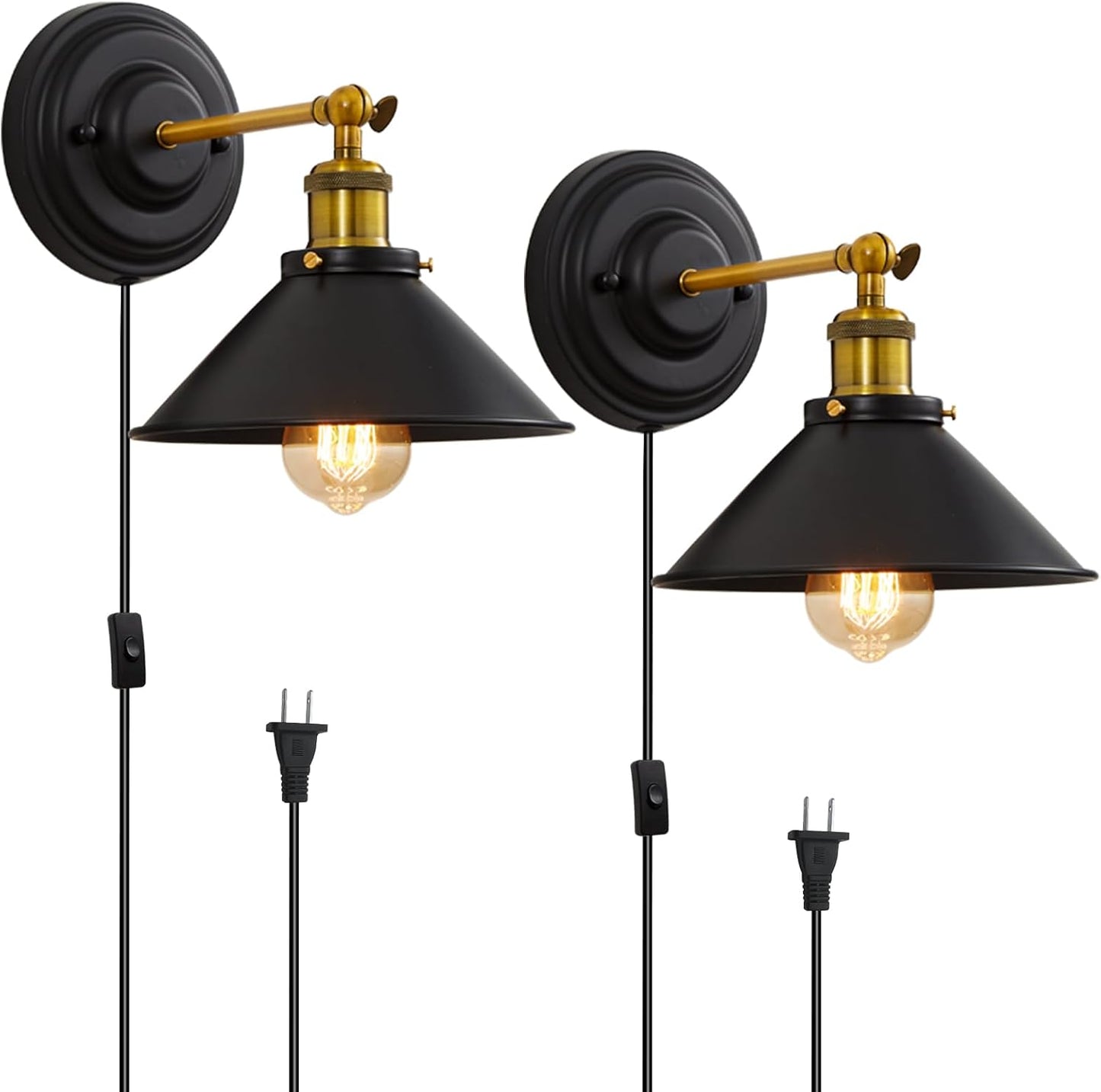 Lightess Plug in Wall Sconces Set of 2, Vintage Plug in Wall Light with 6FT On/Off Switch, Rotatable Mounted Lamps for Bedroom Living Room