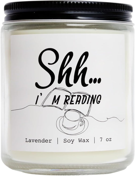 Book Lovers Gift - Shh I’m Reading Lavender Scented Soy Candle, 7 oz, Glass Jar - BookLovers Gift for Readers, Book Lovers Women, Librarians, and Bookworm Gifts for Women (Reading)