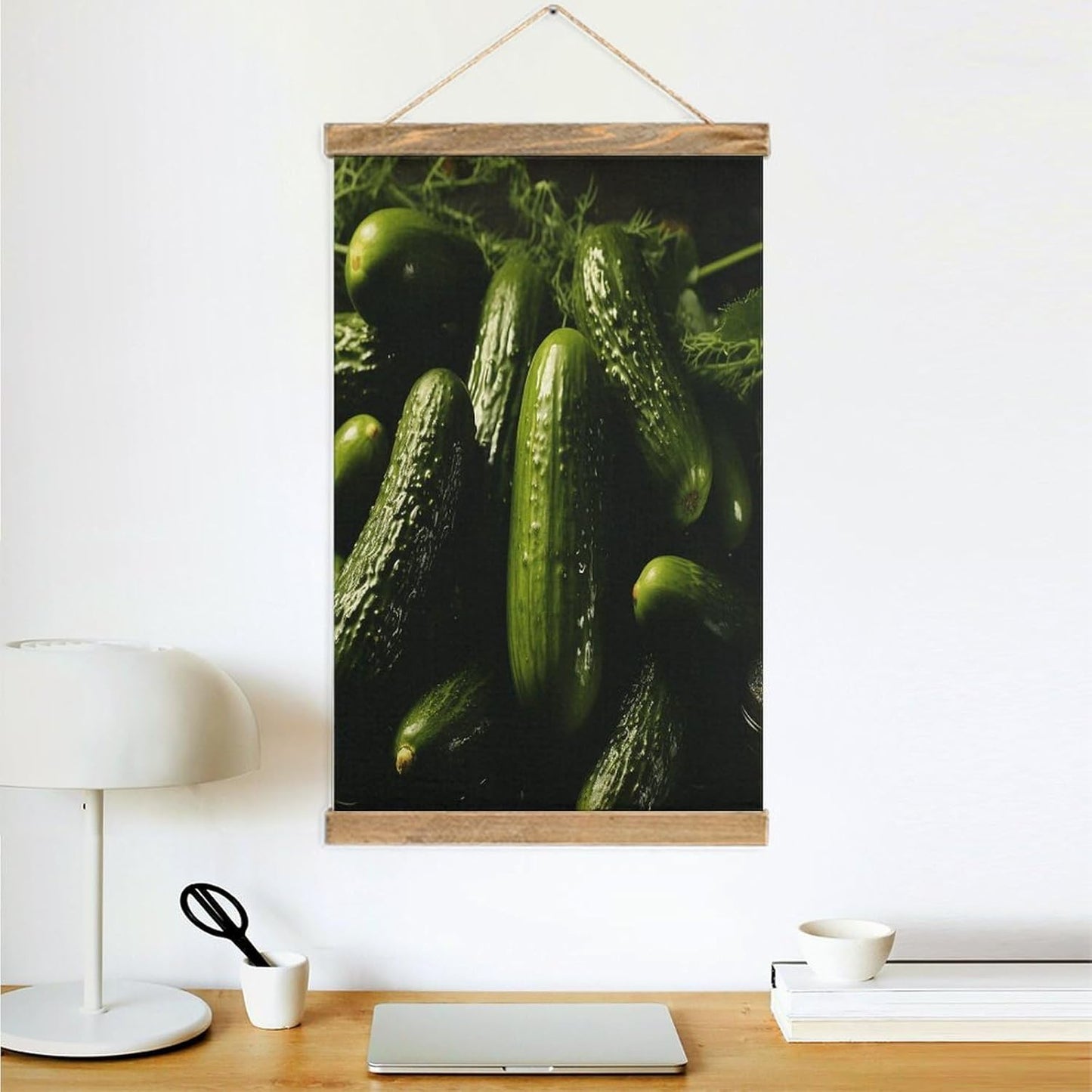 Vintage Pickle Poster with Wooden Frame Personalized Linen Hanging Scroll Painting Rustic Wall Hanging Illustrative Modern Artwork Decor for Home Living Room Bedroom Office