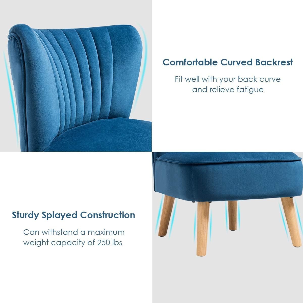 LUARANE Armless Velvet Accent Chair, Modern Leisure Chair with Curved Backrest Thick Sponge Cushion Wood Legs, Small Upholstered Wingback Sofa Chair for Bedroom Living Room (1, Blue)