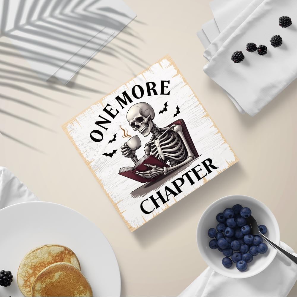 Just One More Chapter Wooden Sign Desk Decor for Home Office Farmhouse Reading Room Classroom, Skeleton Book Nerd Sign, Bookworm Gifts for Book Lover Student Teacher Reading Lovers