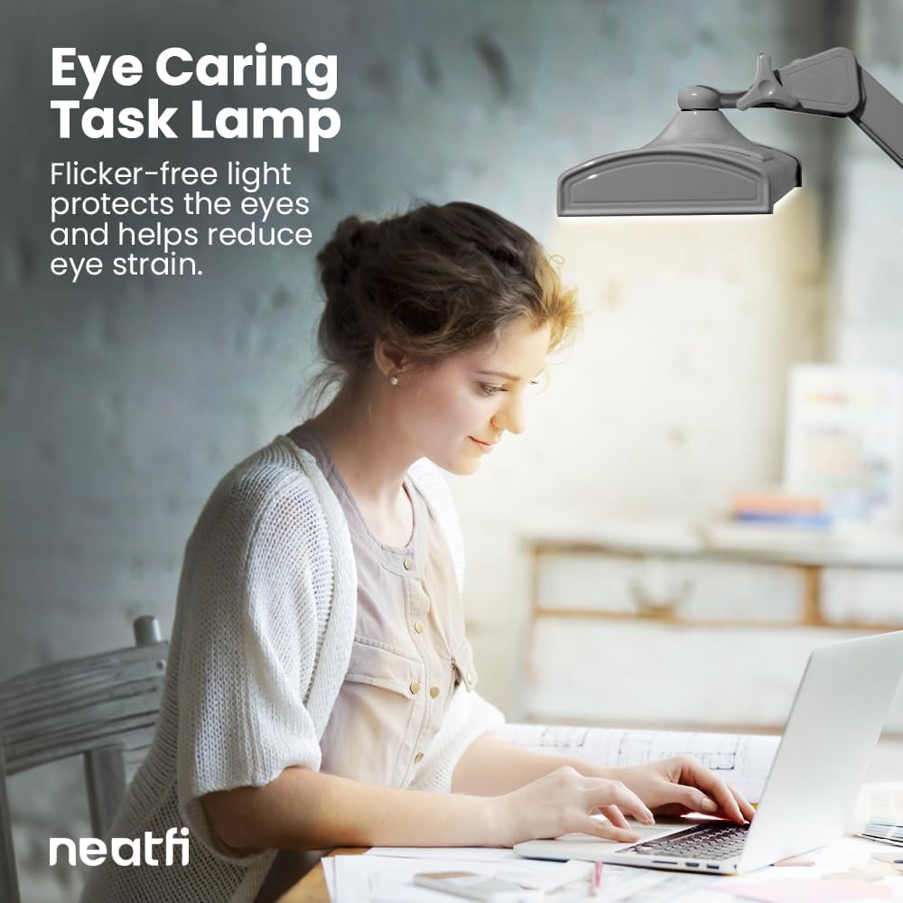 Neatfi 3,500 Lumens LED Desk Lamp – 45W Dimmable Task Light | 3 Light Modes | 540 SMD LEDs | Touch Control | 26-Inch Wide Metal Shade | Reading, Craft, Workbench & Office (CCT with Clamp, Silver)