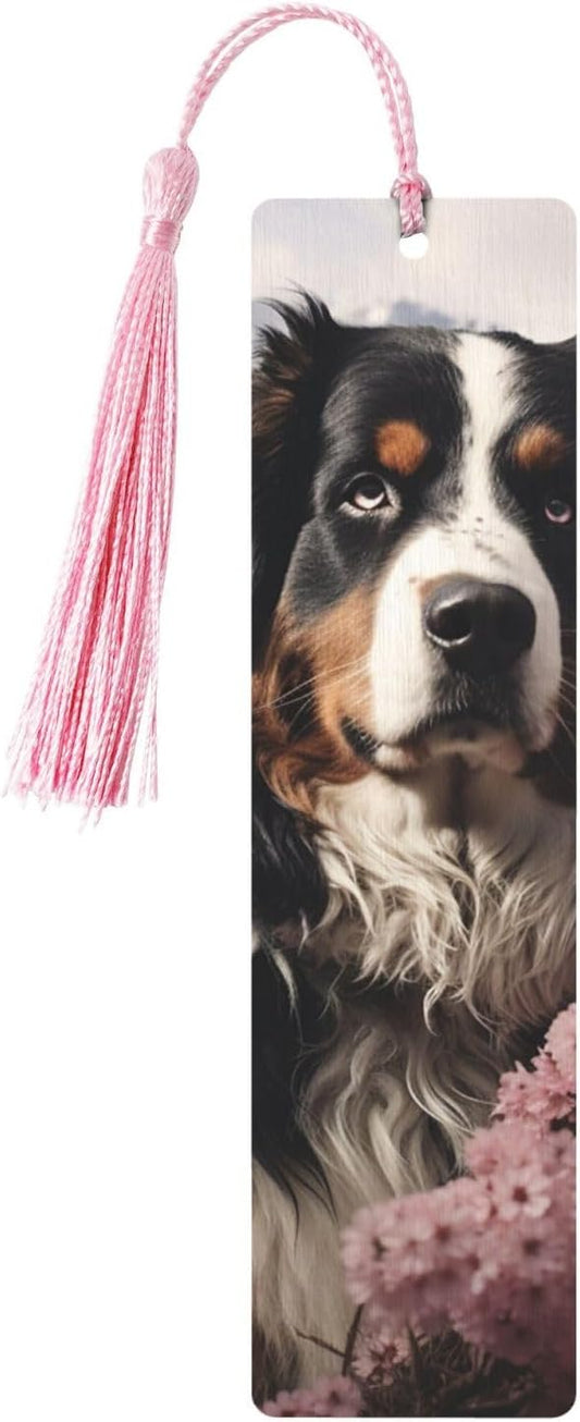 Bernese Mountain Dog Bookmarks Gifts for Women Men, Wooden Bookmarks for Book Lovers, Vintage Book Marks Ornaments with Tassel, Unique Personalized Reading Page Markers Pink