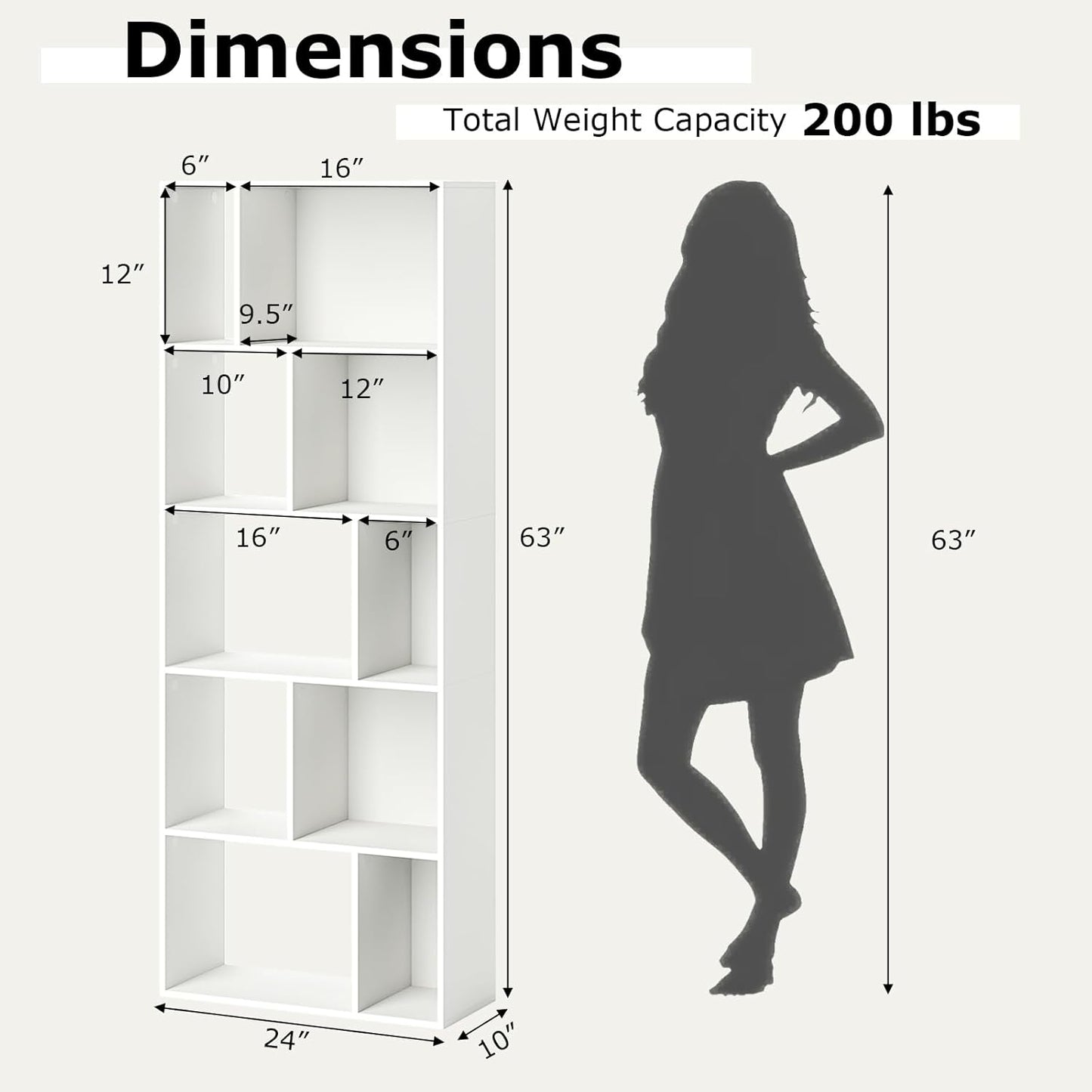 GOFLAME 5-Tier Geometric Bookcase, 63” Tall Freestanding Bookshelf with 10 Open Cubbies, Anti-Toppling Kits, Modern Cube Storage Organizer for Living Room, Bedroom, Home Office, White