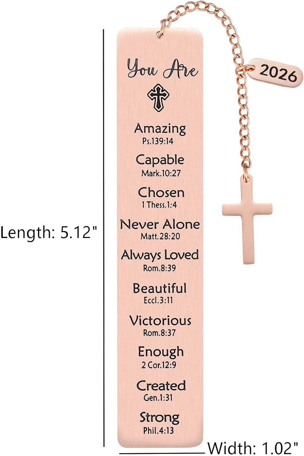 Christian Metal Bookmark with Bible Verses, Faith-Based Gift with 2026 Charm, Faith Affirmation Gift, Motivational Religious Scripture Reading Accessory for Women Men, Rose Gold