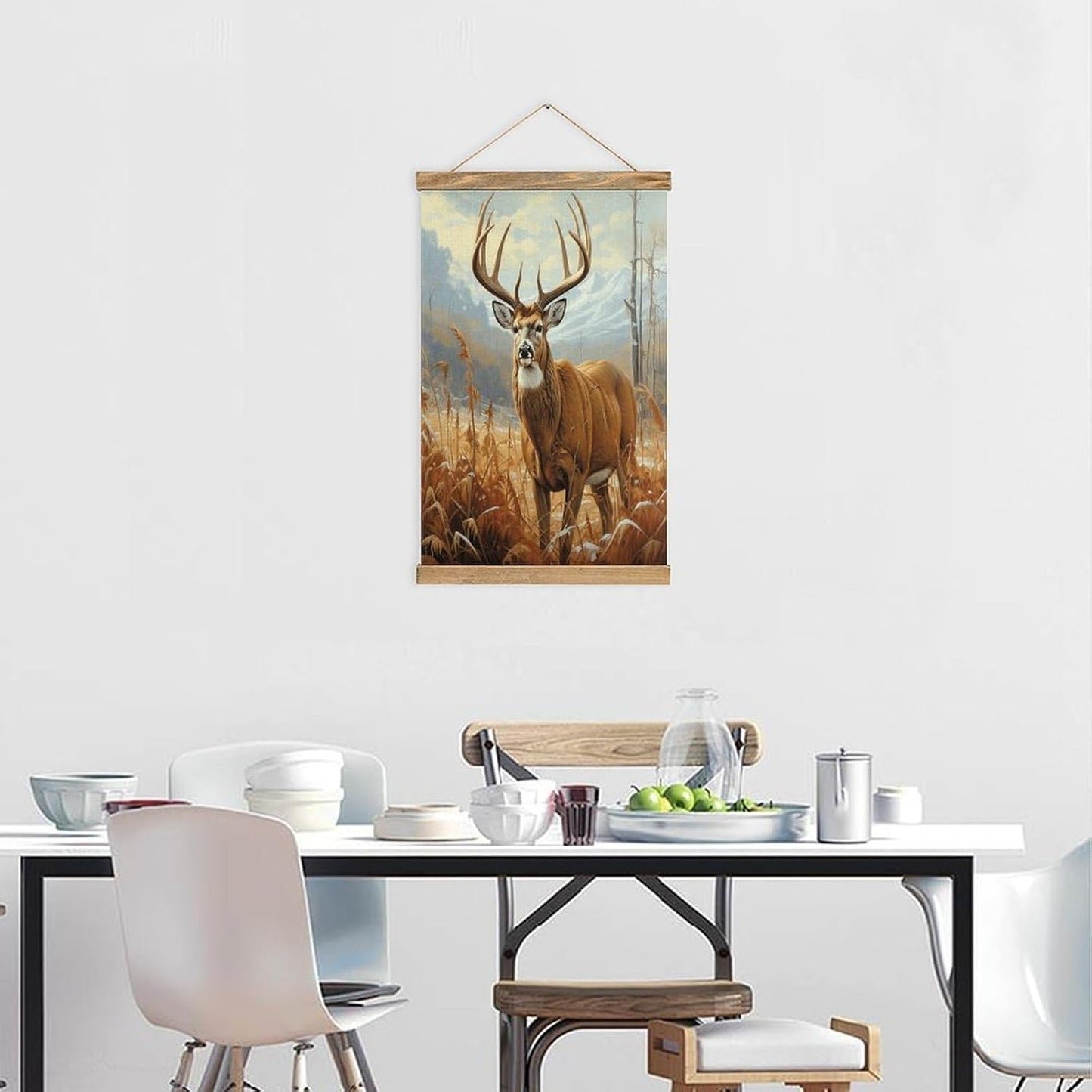 Vintage Buck Deer Poster with Wooden Frame Personalized Linen Hanging Scroll Painting Rustic Wall Hanging Illustrative Modern Artwork Decor for Home Living Room Bedroom Office