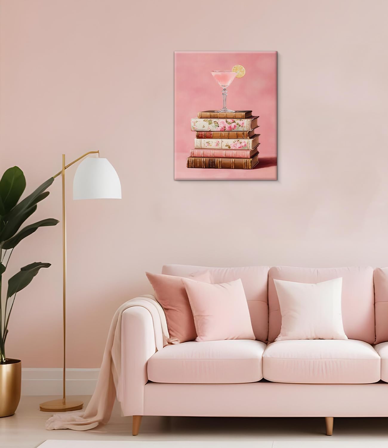 Pink Cocktail Books Wall Art Print - Preppy Stack of Books Canvas Poster Painting - Bookish Girly Wall Decor for Home Reading Nook Dorm 8x10 Inch Framed
