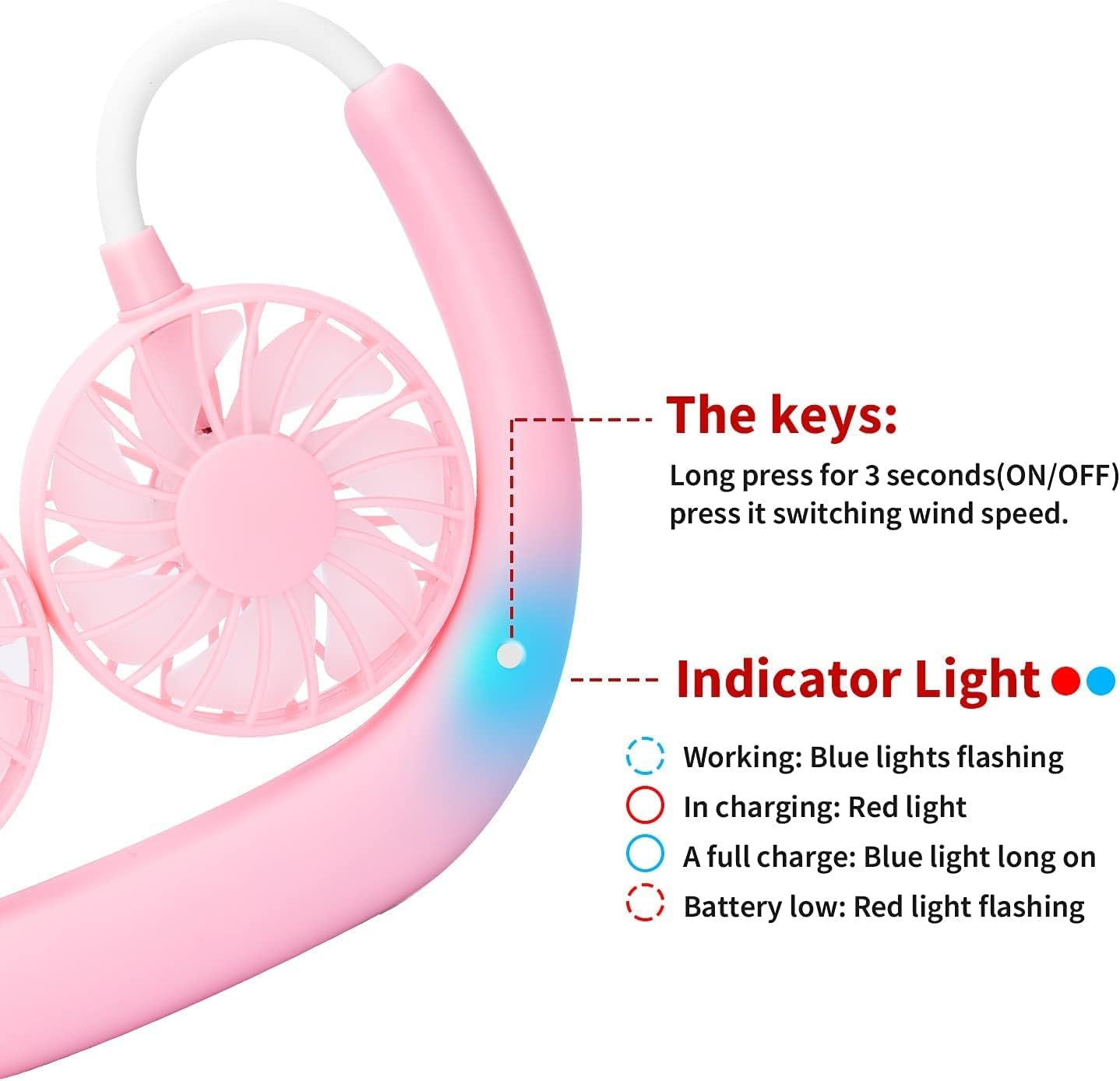 Portable Neck Fan Rechargeable Personal Hand-Free Fan Mini USB Wearable Neckband Sport Fan, 3 Speed Adjustable, 360 Degrees Free Rotation Perfect for Working, Traveling,Office, Reading (Blue Pink)