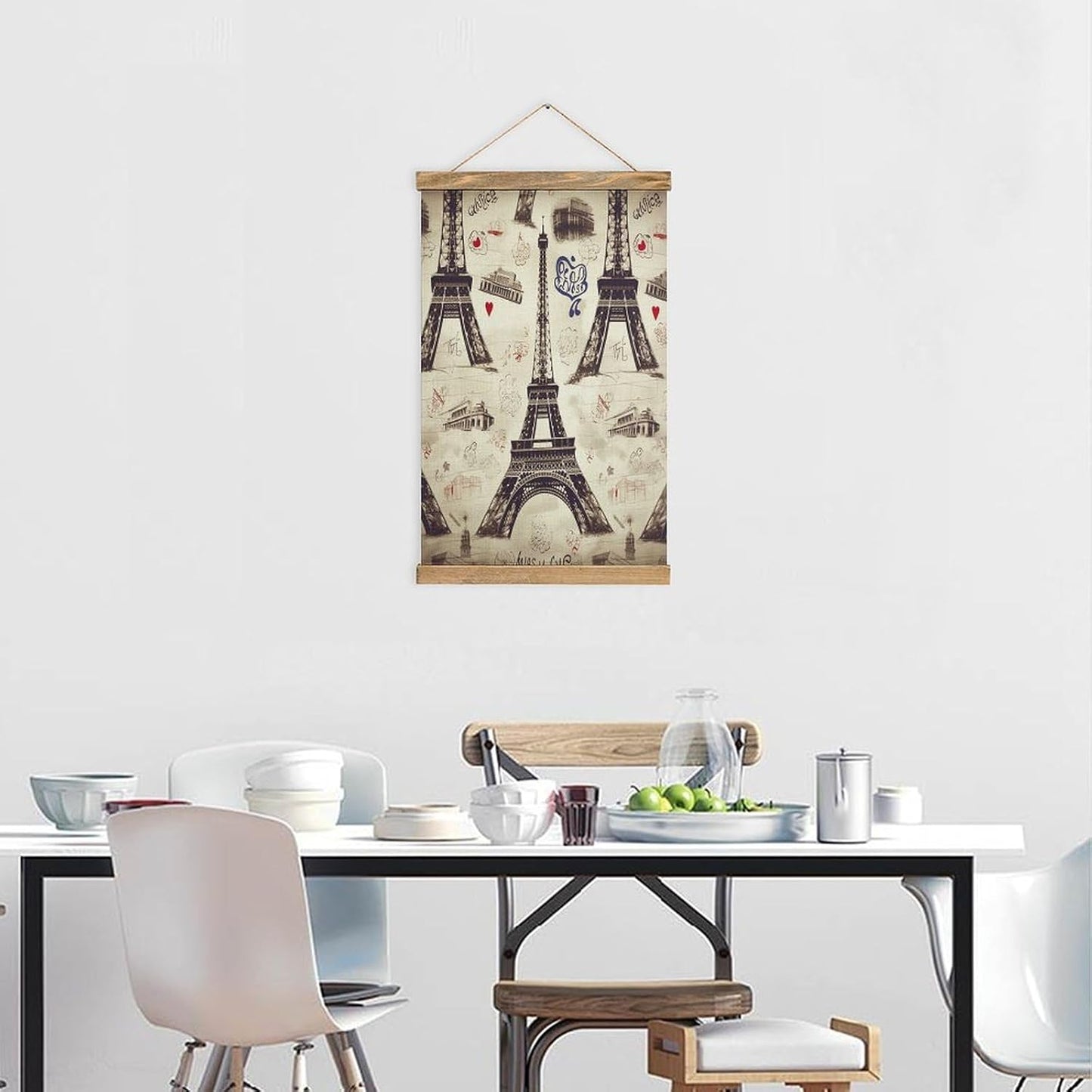 Vintage French Paris Tour Eiffel Tower Poster with Wooden Frame Personalized Linen Hanging Scroll Painting Rustic Wall Hanging Illustrative Modern Artwork Decor for Home Living Room Bedroom Office