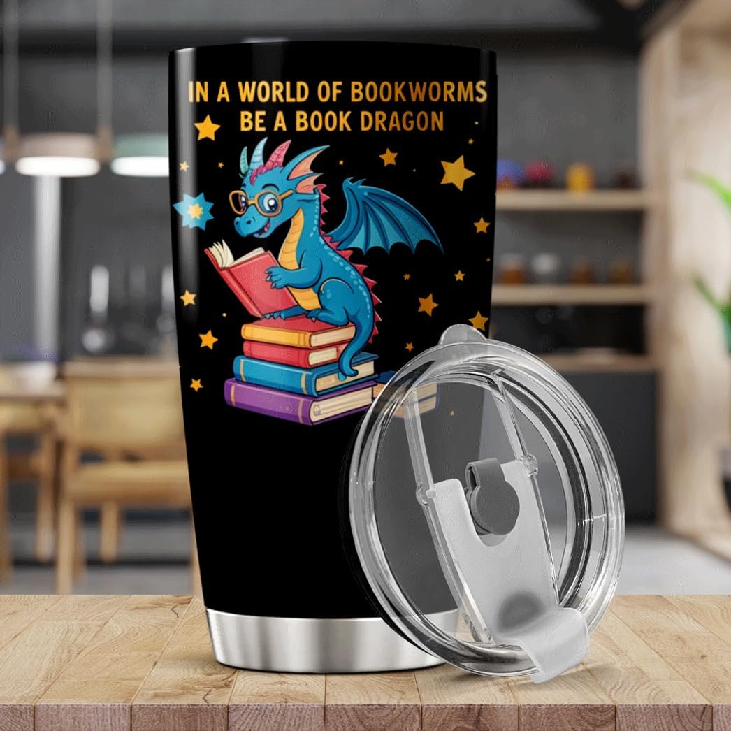 CUBICER Book Dragon Reading Design Stainless Steel 20 Oz Tumbler For Lovers Teachers Students Fantasy Fans Bottle Insulated Hot Cool Coffee Heat Drink Outdoor Travel Iced Mug
