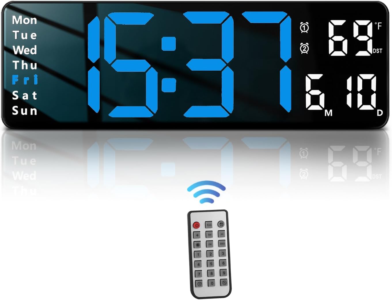 JoFomp Digital Wall Clock - 13" Large LED Display, Loud Alarm, Remote Control, DST, Auto-Dimming, Date and Day, Timer, Temperature - 12/24H Format - Ideal for Living Room, Bedroom, Kitchen
