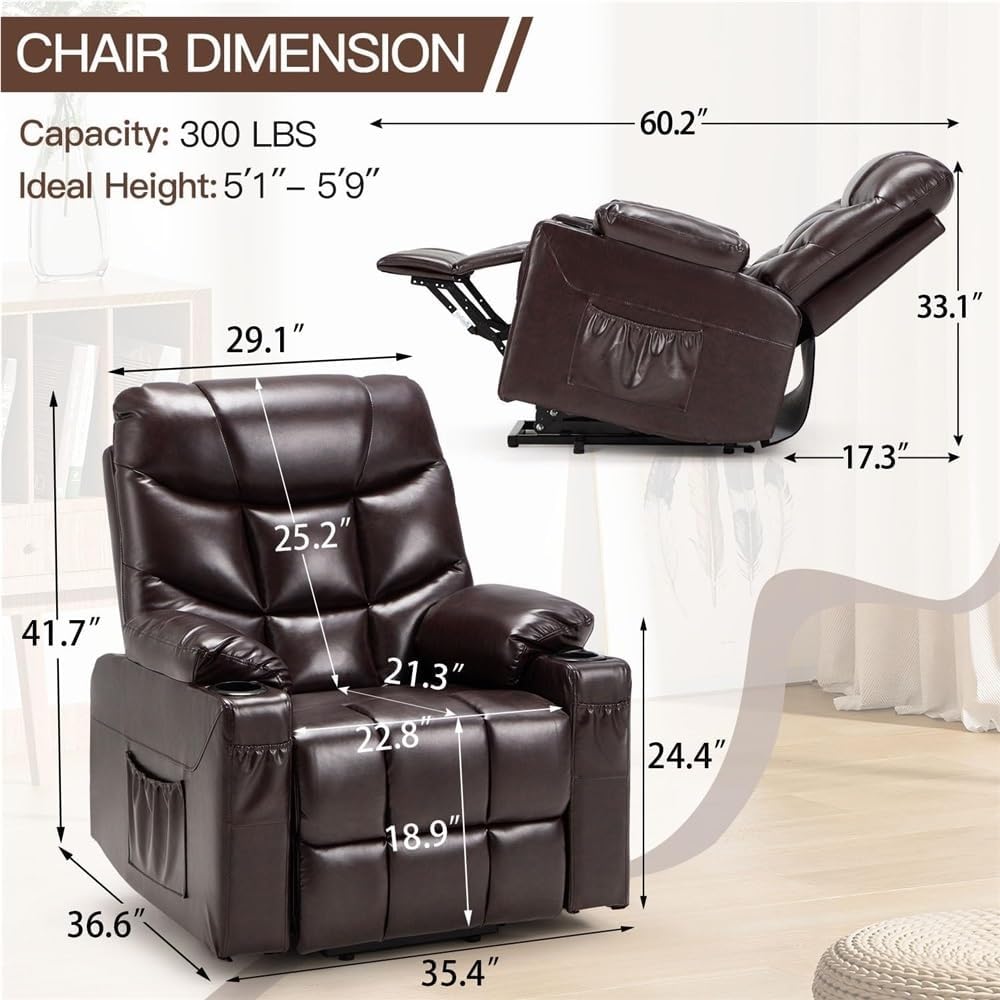 Power Lift Recliner Chair for Elderly, Heavy Duty Electric Recliner with Heat and Massage, Large Comfy Reclining Sofa with Cup Holders & Side Pockets, Dark Brown