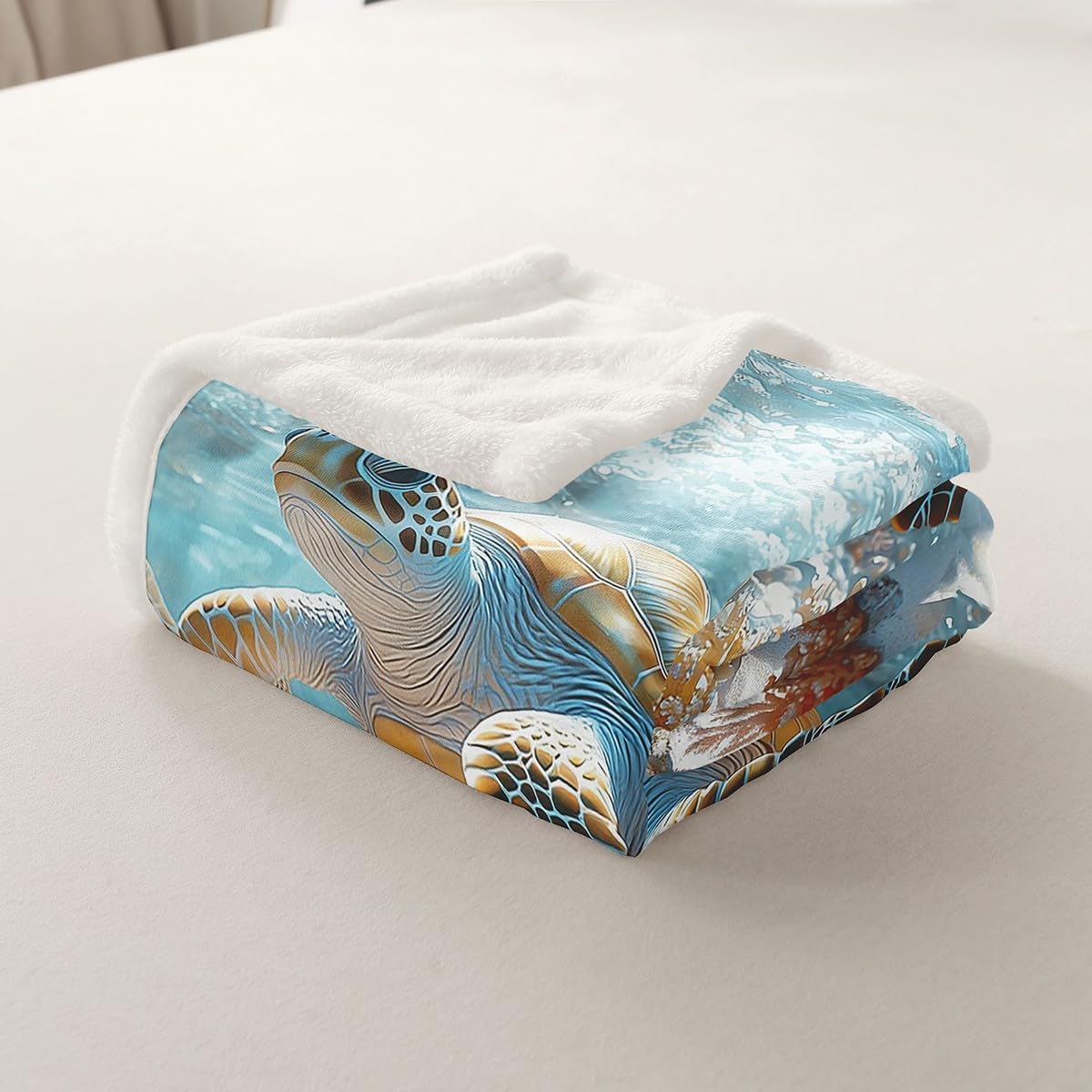 Erosebridal Sea Turtle Fleece Blanket Queen 90x90 Ocean Life Fuzzy Plush Throw for Sofa Tortoise Coral Sherpa Blanket Summer Hawaii Theme Pattern All Season