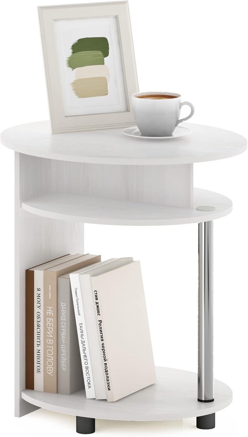 Furinno JAYA Simple Design Oval End Table with Bin, White Oak/Chrome