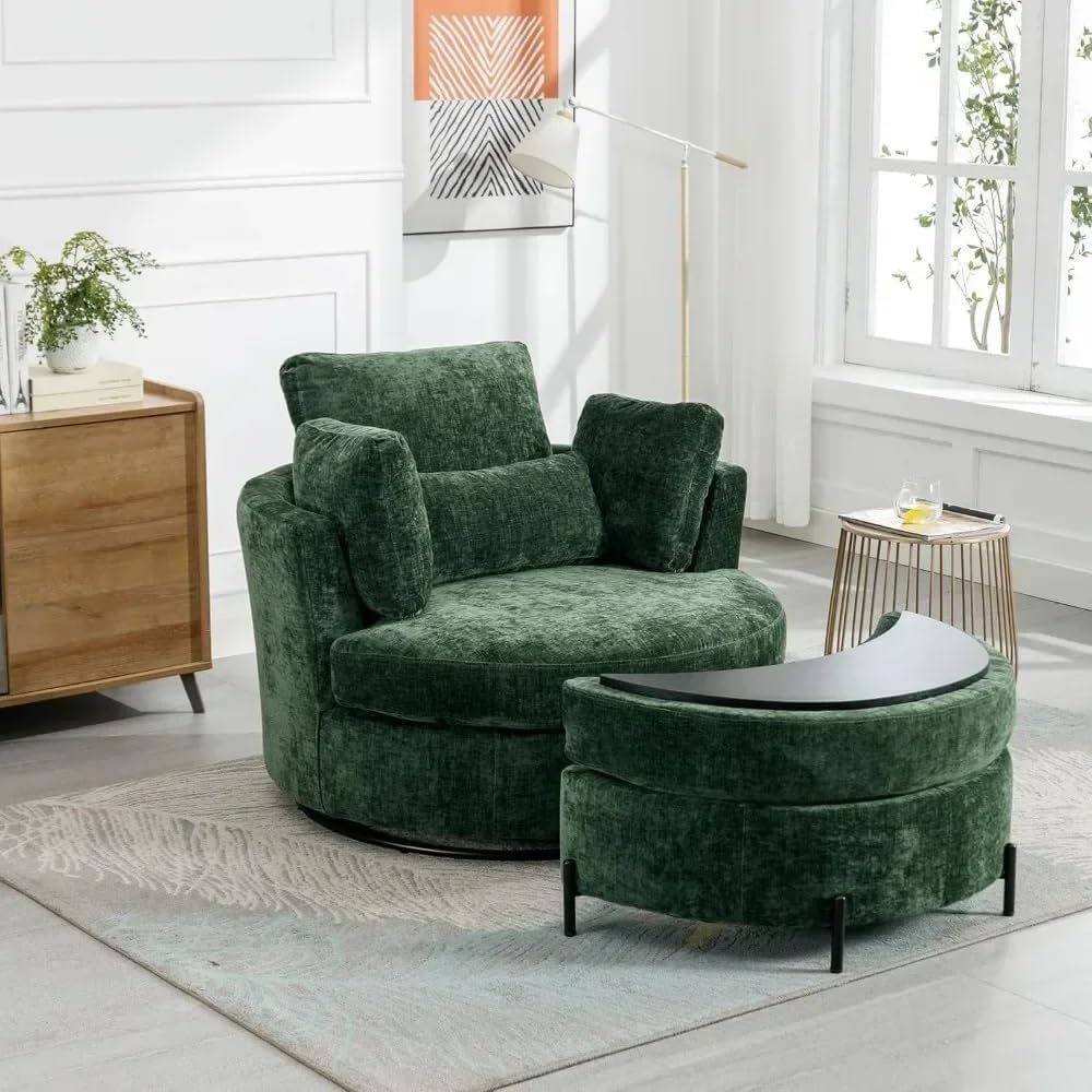 360° Swivel Barrel Chair Large Chaise Lounge Chair Comfy Big Round Cuddle Reading Chair for Living Room with Storage, Footstool