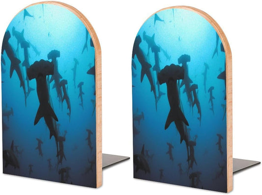 Hammerhead Sharks Wooden Bookend Non-Slip Book Ends Heavy Duty Book Stopper with Metal Base Books Holderd Decorative Bookends Stands Firmly for Office Supplies