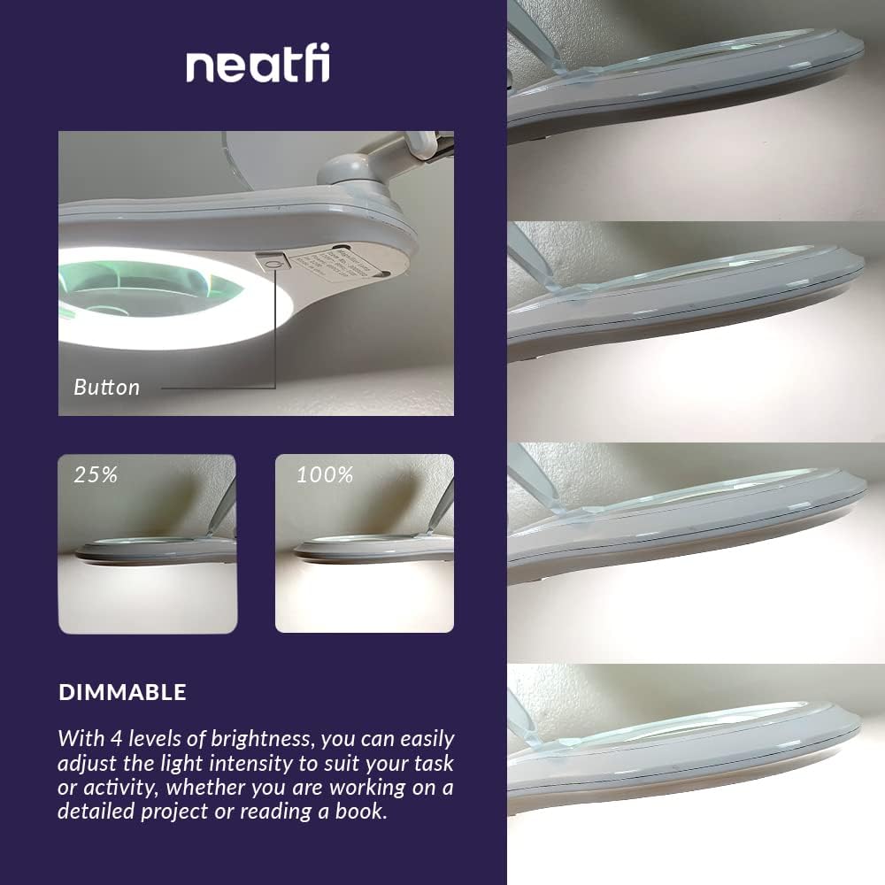 Neatfi LED Magnifying Floor Lamp 1,200 Lumens – 5” Bifocal Glass Lens, Dual Magnification 2.25X + 6X, Dimmable Task Light | Adjustable Arm, Rolling Base | Reading, Crafting & Sewing (White, 5 Inches)