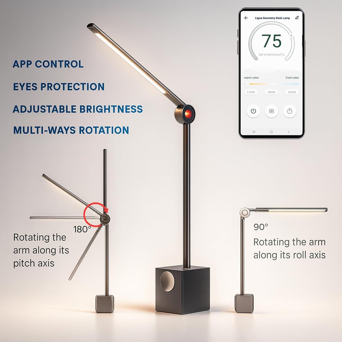 Ligoe Minimalist Home Office Desk Lamp by LINKSTYLE — Foldable Desk Light, Eye Protections LEDs, Dimmable Lights, App Control