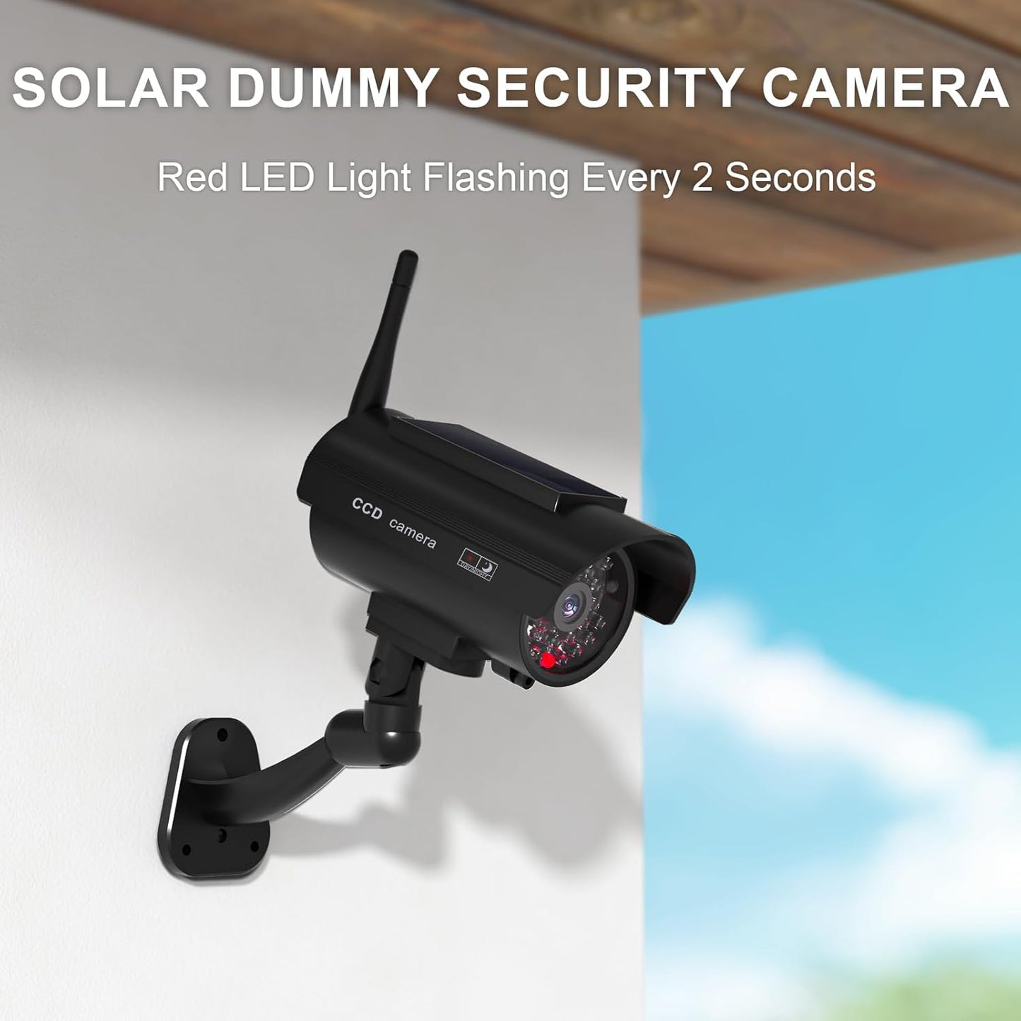 WALI Dummy Fake Camera, Solar Powered Fake Security Camera with LED Light, Simulated Surveillance Security CCTV Dome Cameras with Antenna and Warning Sticker Indoor Outdoor (SOL-TCB4), 4 Packs, Black