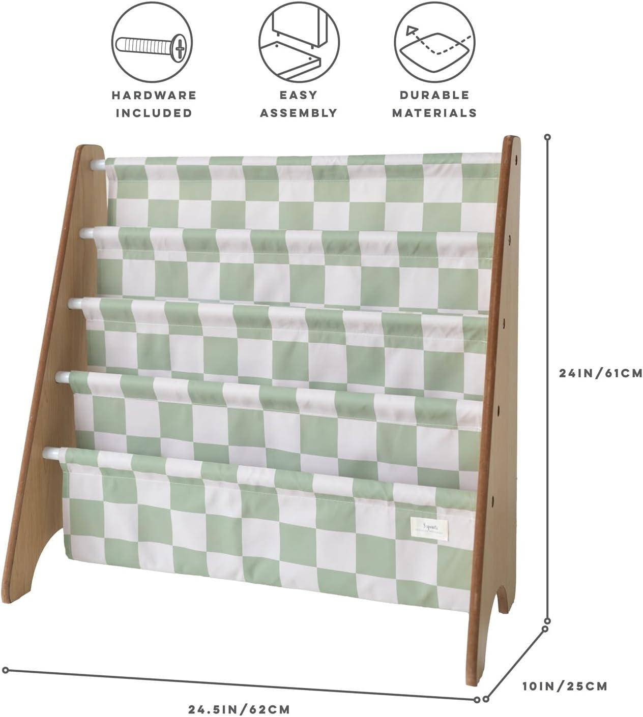3 Sprouts Kids Bookshelf with Recycled Fabric - 4-Tier Sling Storage for Kids Rooms Holds 35 Titles - Toddler Organizer for Ages 3+ - Checkered Green